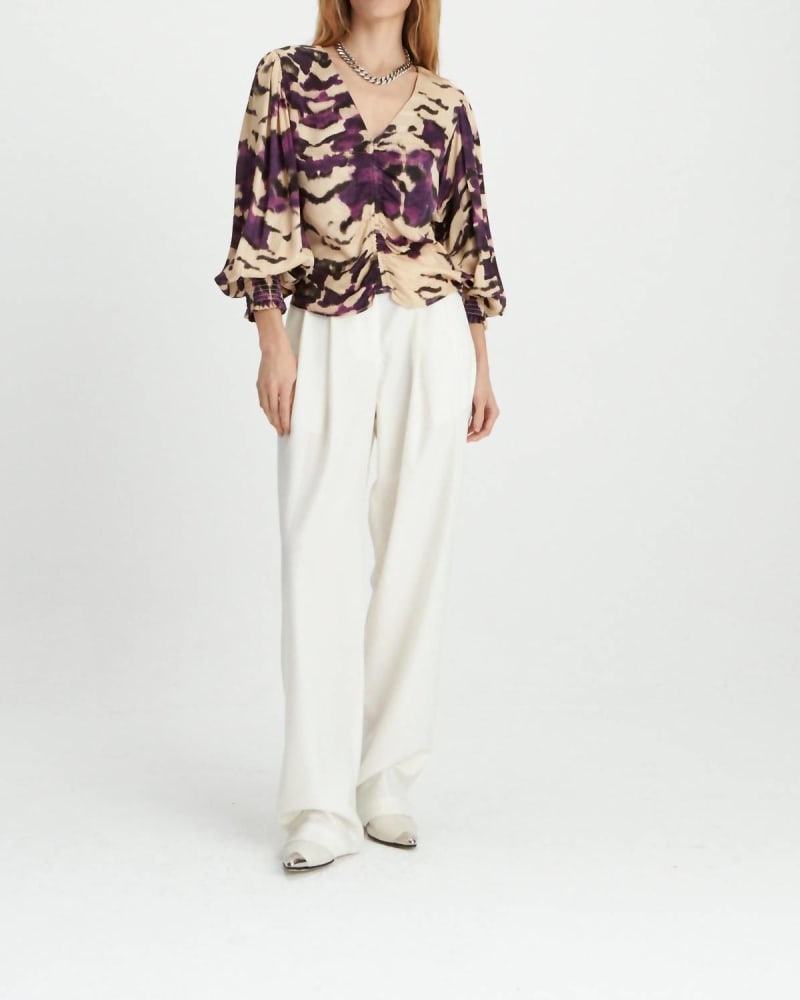 Front of a model wearing a size L Madariaga Auka Top in Wild Violet in Wild Violet by Maria Cher. | dia_product_style_image_id:364149